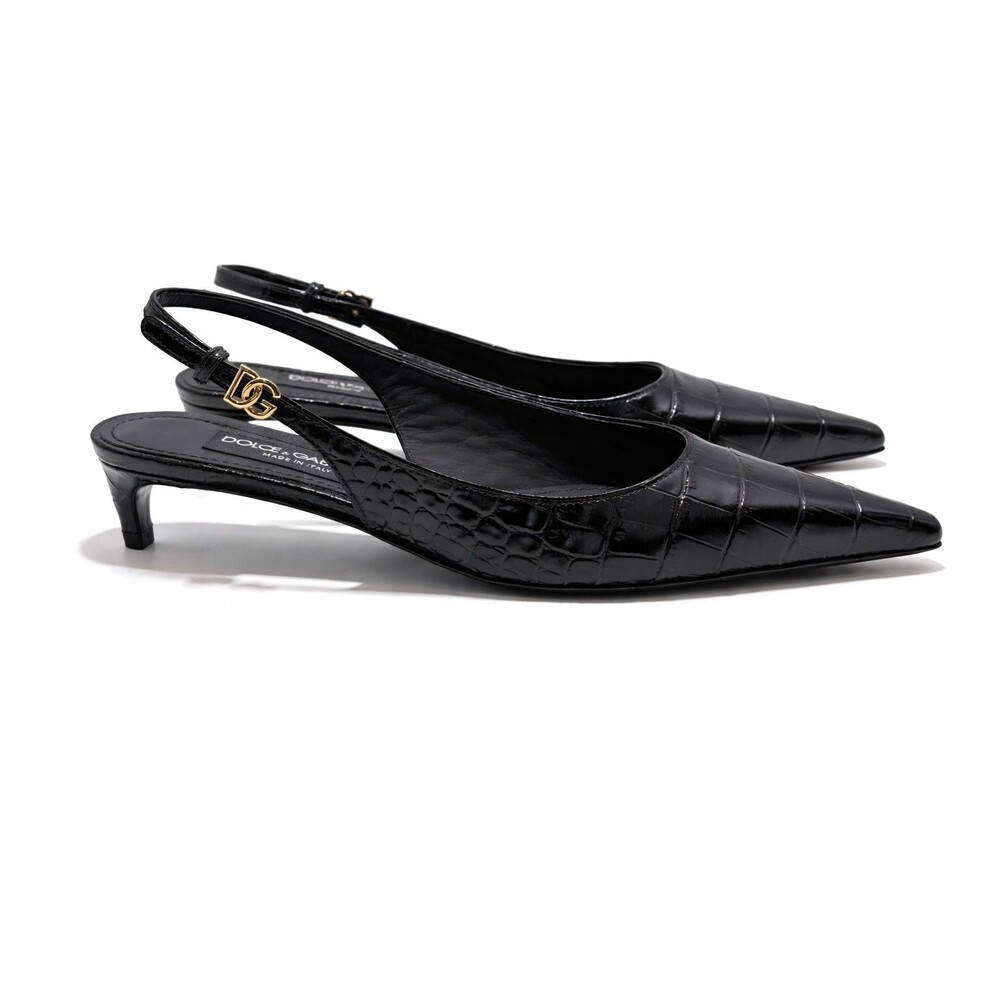 Dolce Gabbana Black Patent Croc Slingback Kitten Heel Pumps 38 US 8 DG Logo NIB - Picture 2 of 16